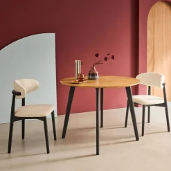 Ronde eettafel met houteffect en zwarte metalen poten voor 4 personen