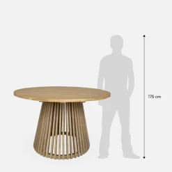 Ronde houten eettafel, binnen/buiten + 4 touw en stalen armstoelen
