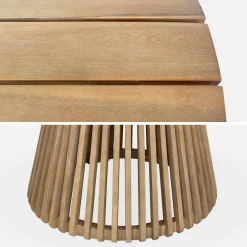 Ronde houten eettafel, binnen/buiten + 4 houten en touw stoelen