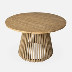 Ronde houten eettafel, binnen/buiten + 4 houten en touw stoelen