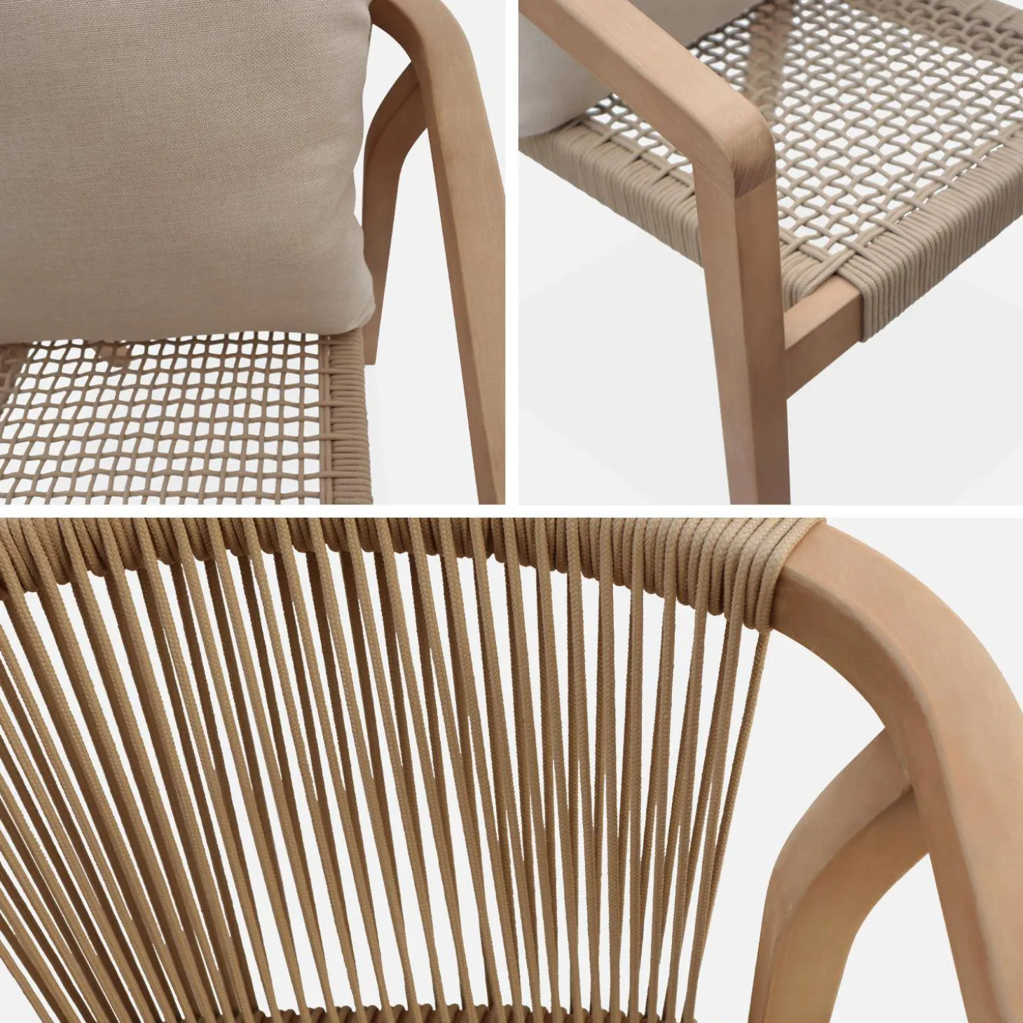 Ronde houten eettafel, binnen/buiten + 4 houten en touw stoelen