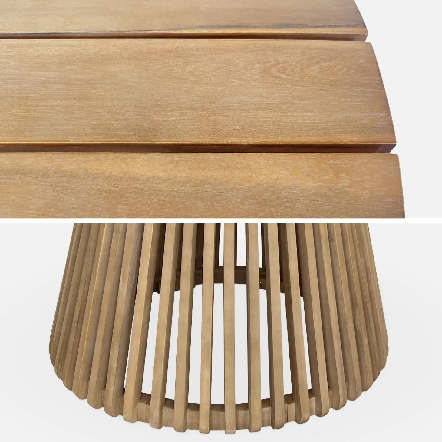 Ronde houten eettafel, binnen/buiten + 4 touw en stalen armstoelen