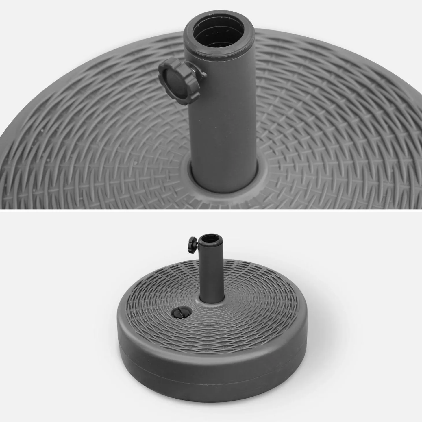 Ronde kunststof parasolvoet voor parasol met centrale mast