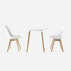 Ronde Scandinavische eettafel in hout, 2 stoelen