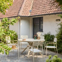 Ronde tuintafel van aluminium en glas met 6 stoelen