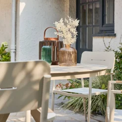Ronde tuintafel van aluminium en glas met 6 stoelen