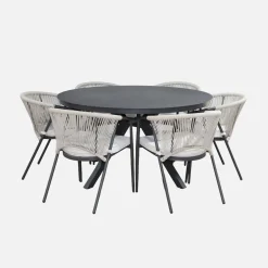 Ronde tuintafel van aluminium en glas met 6 stoelen