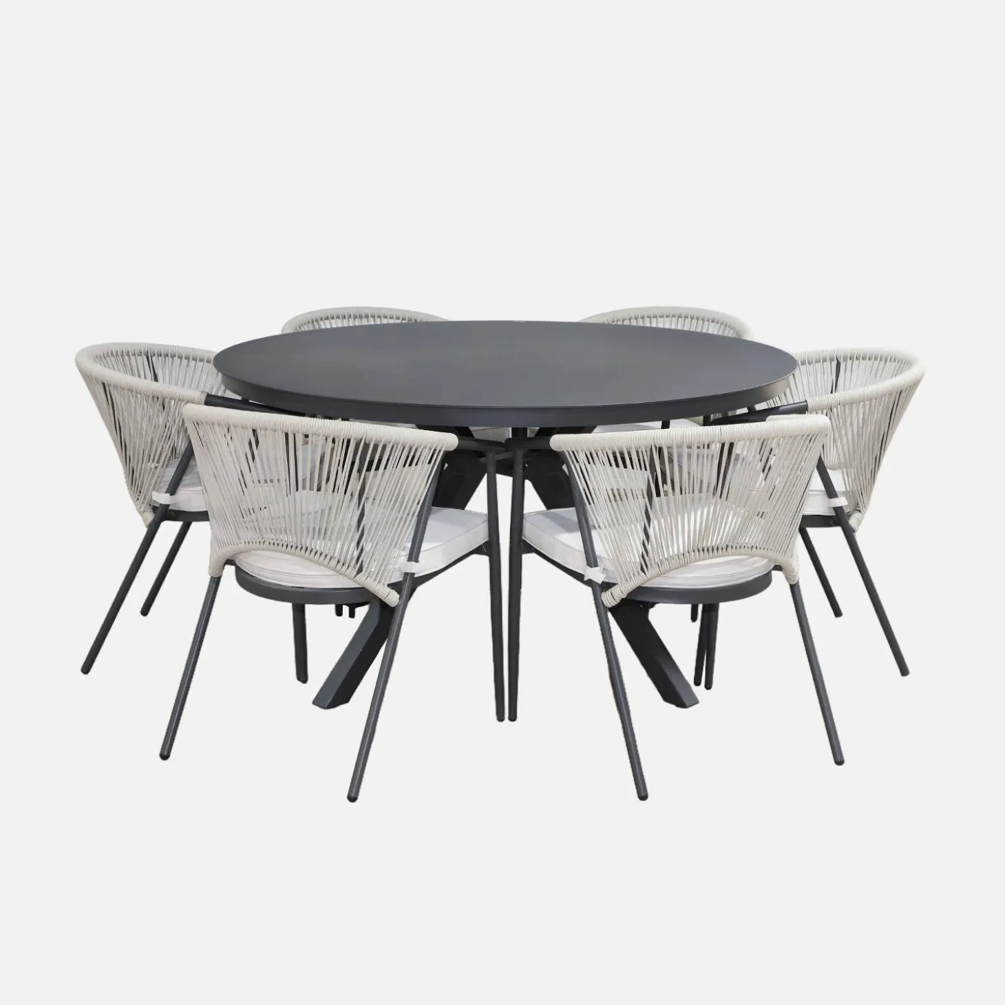 Ronde tuintafel van aluminium en glas met 6 stoelen