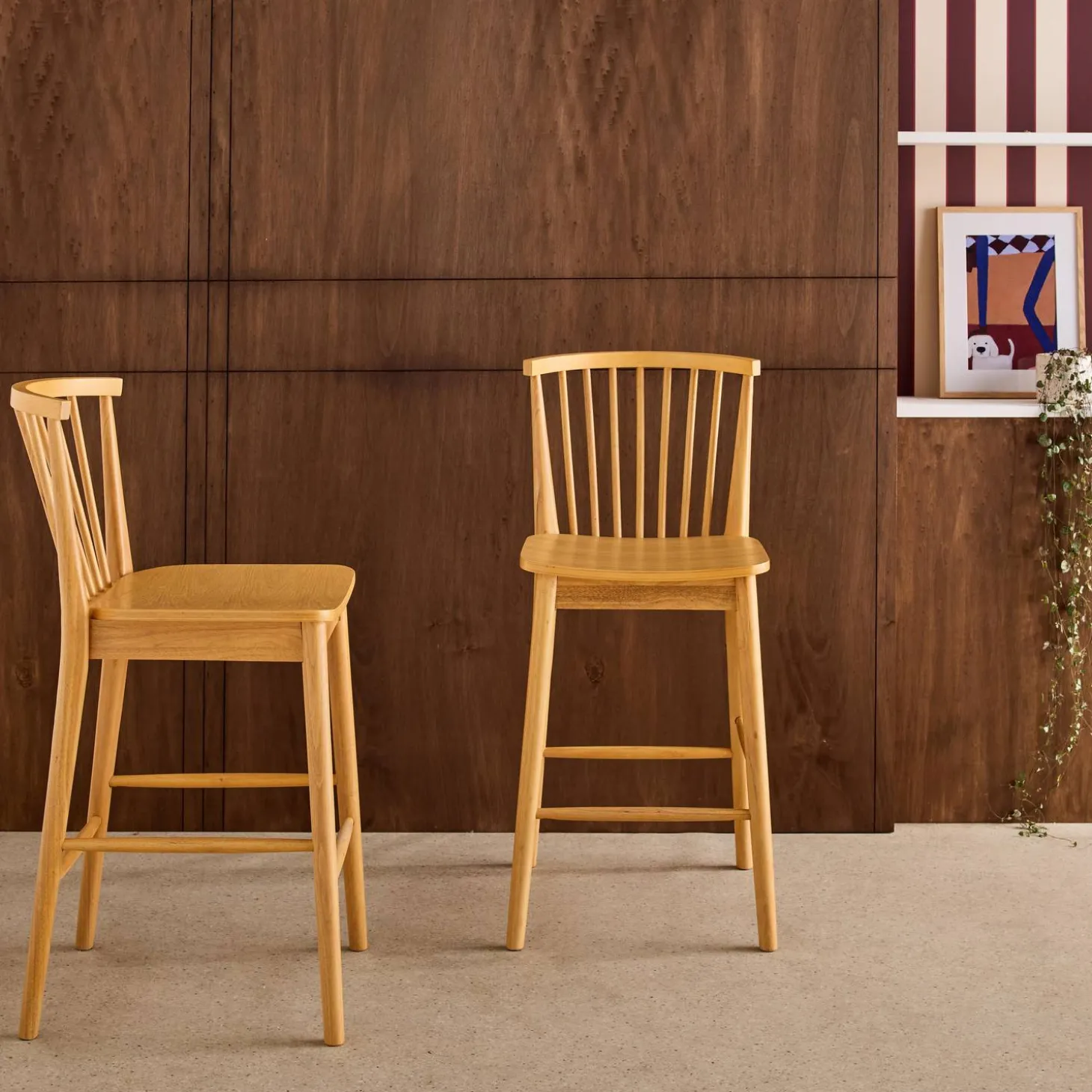 Rubberhouten barstoel met spijlen (set van 2)
