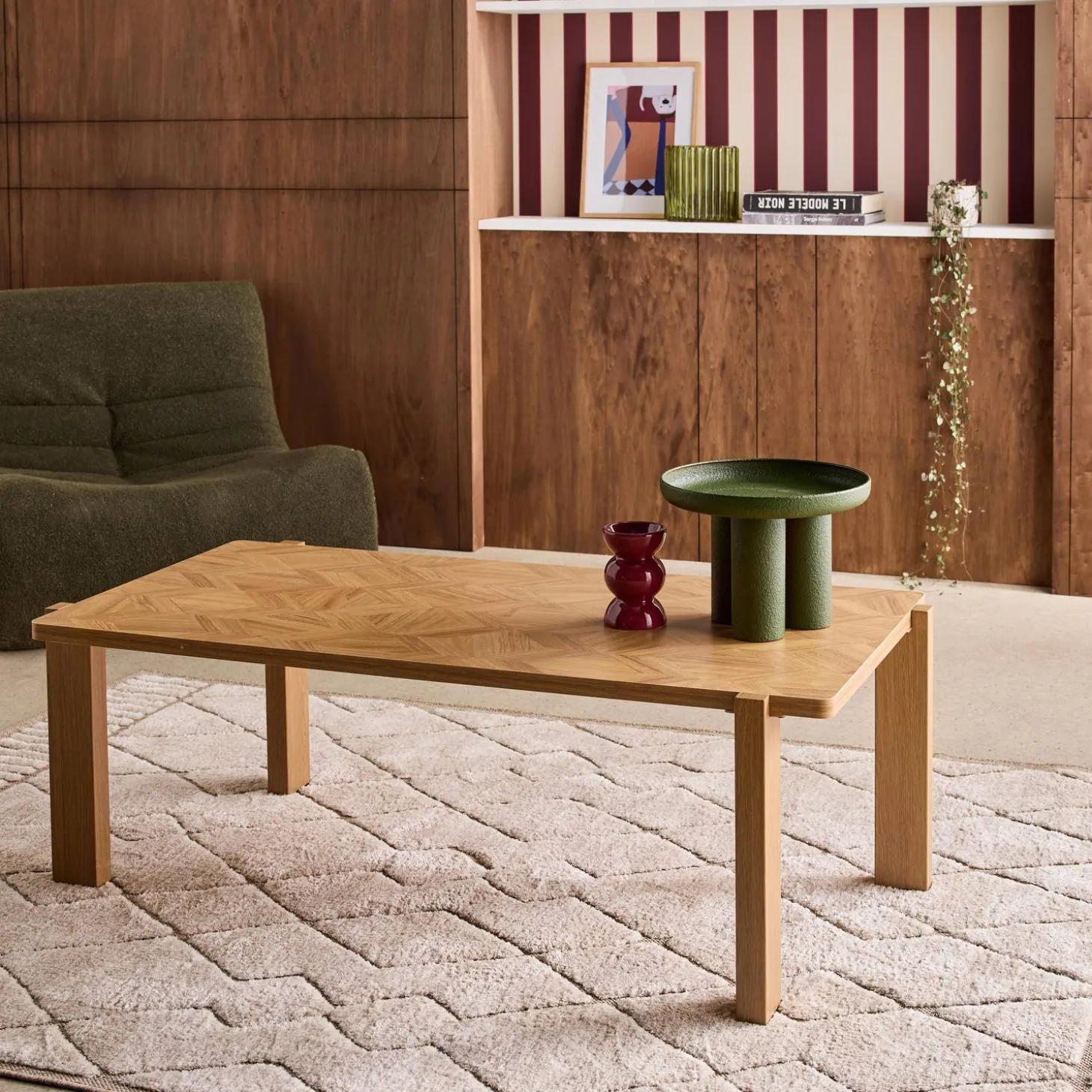 Salontafel houtdecor met visgraateffect blad rechthoekig vintage