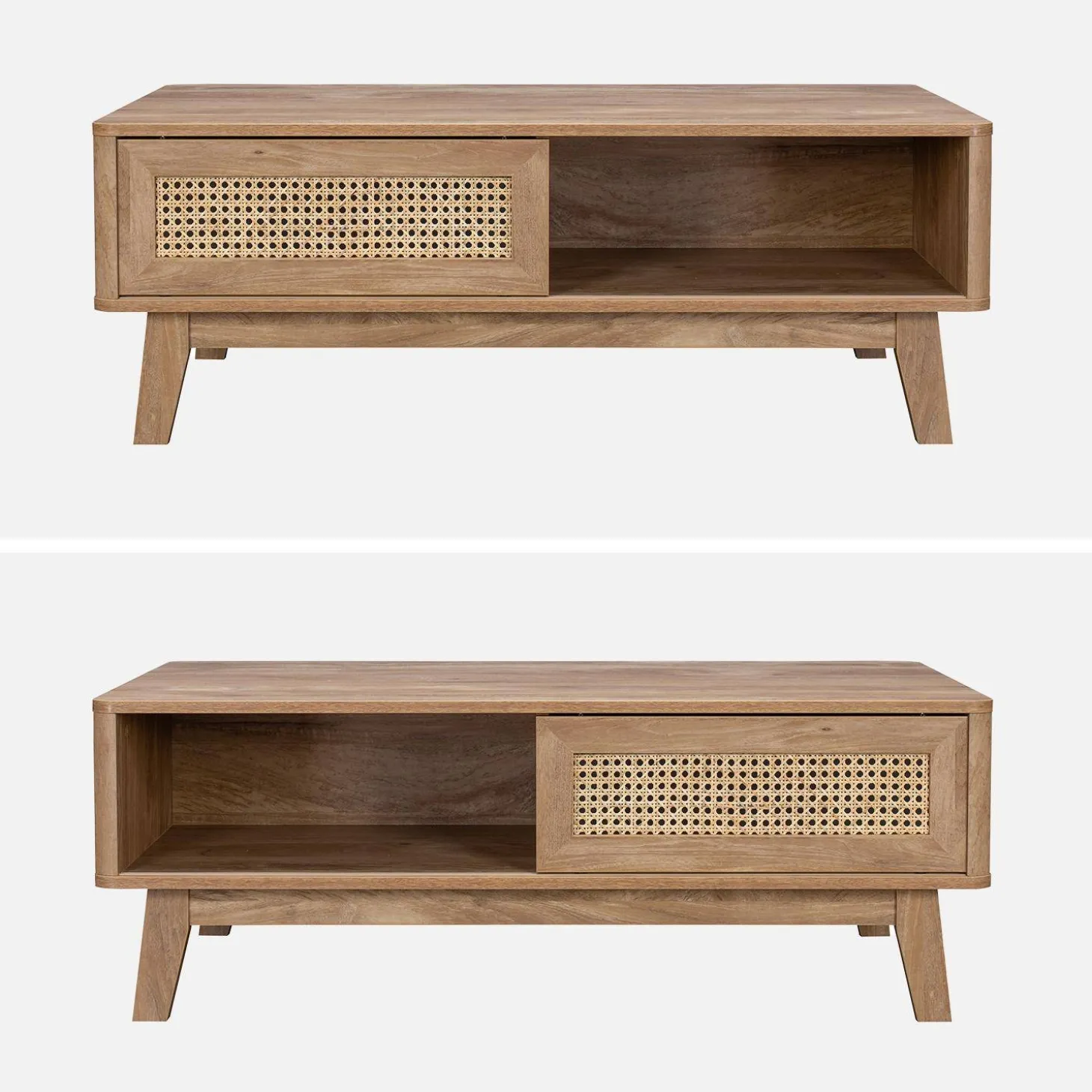 Salontafel met schuifdeur, 2 vakken, hout- en rieteffect