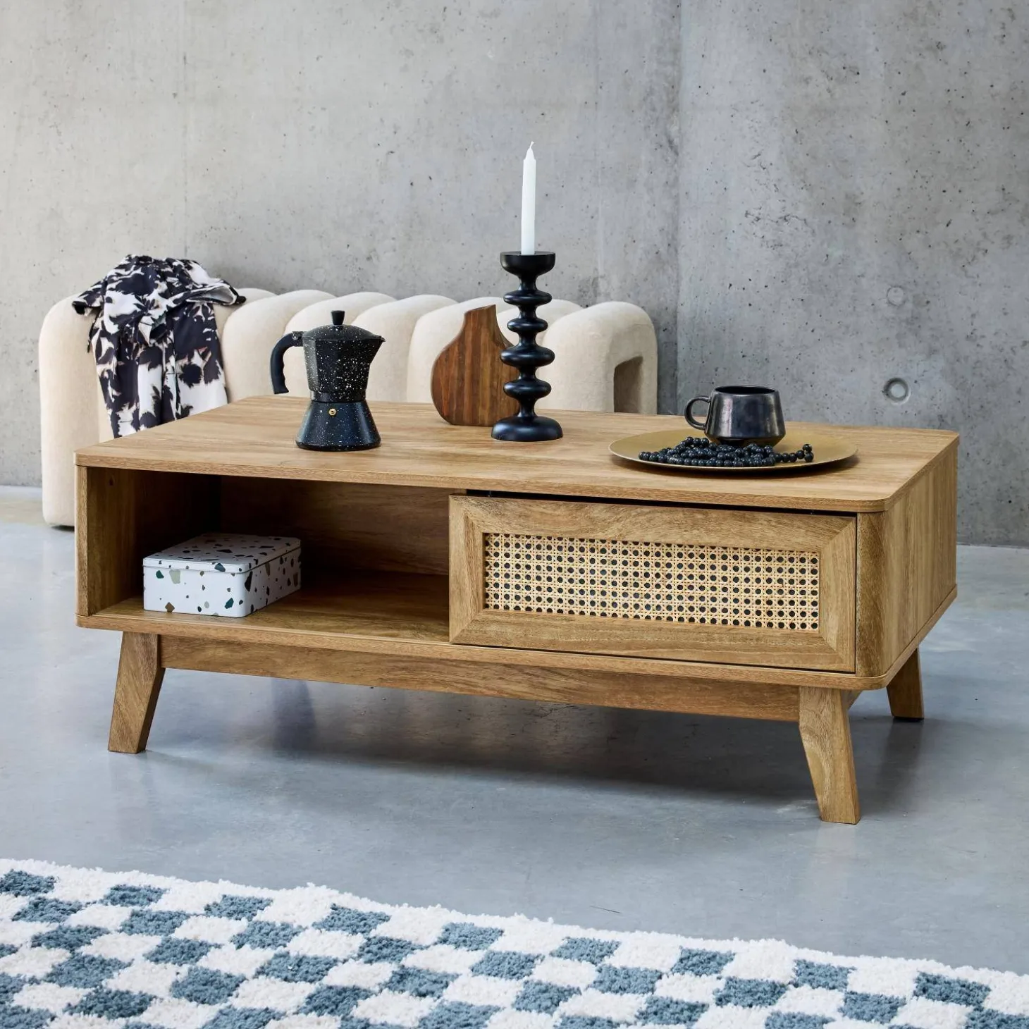 Salontafel met schuifdeur, 2 vakken, hout- en rieteffect