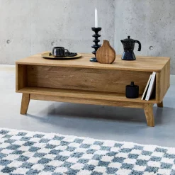 Salontafel met schuifdeur, 2 vakken, hout- en rieteffect