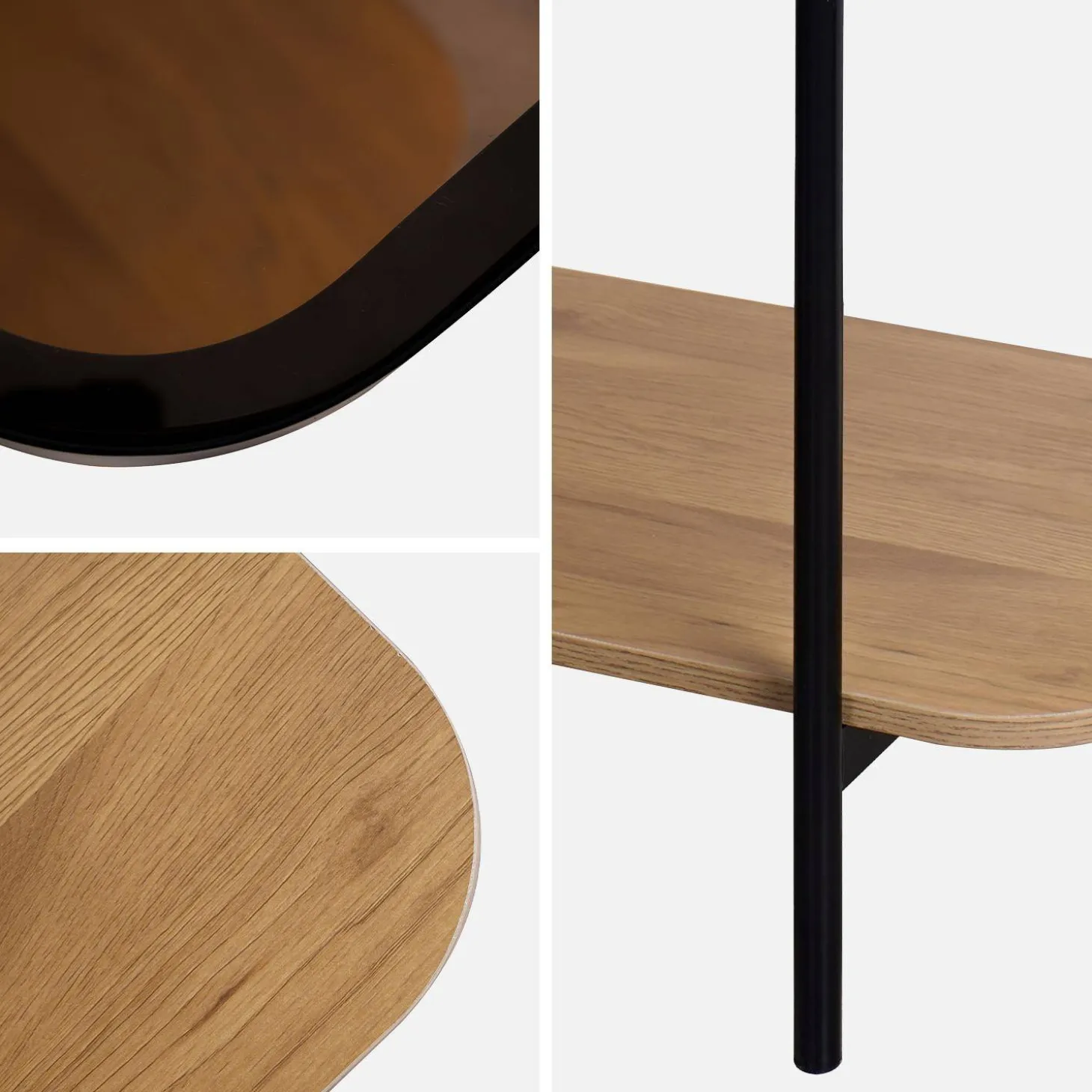 Salontafel vintage van zwart metaal met plateau's van glas en houtdecor 110 cm
