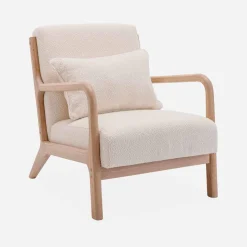 Scadinavische fauteuil van naturelkleurig hout en getextureerde bouclé