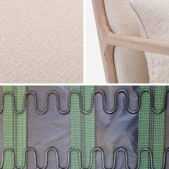 Scadinavische fauteuil van naturelkleurig hout en getextureerde bouclé
