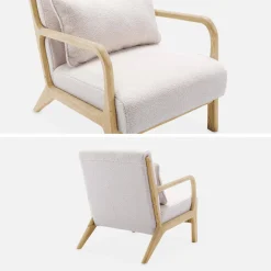 Scadinavische fauteuil van naturelkleurig hout en bouclé