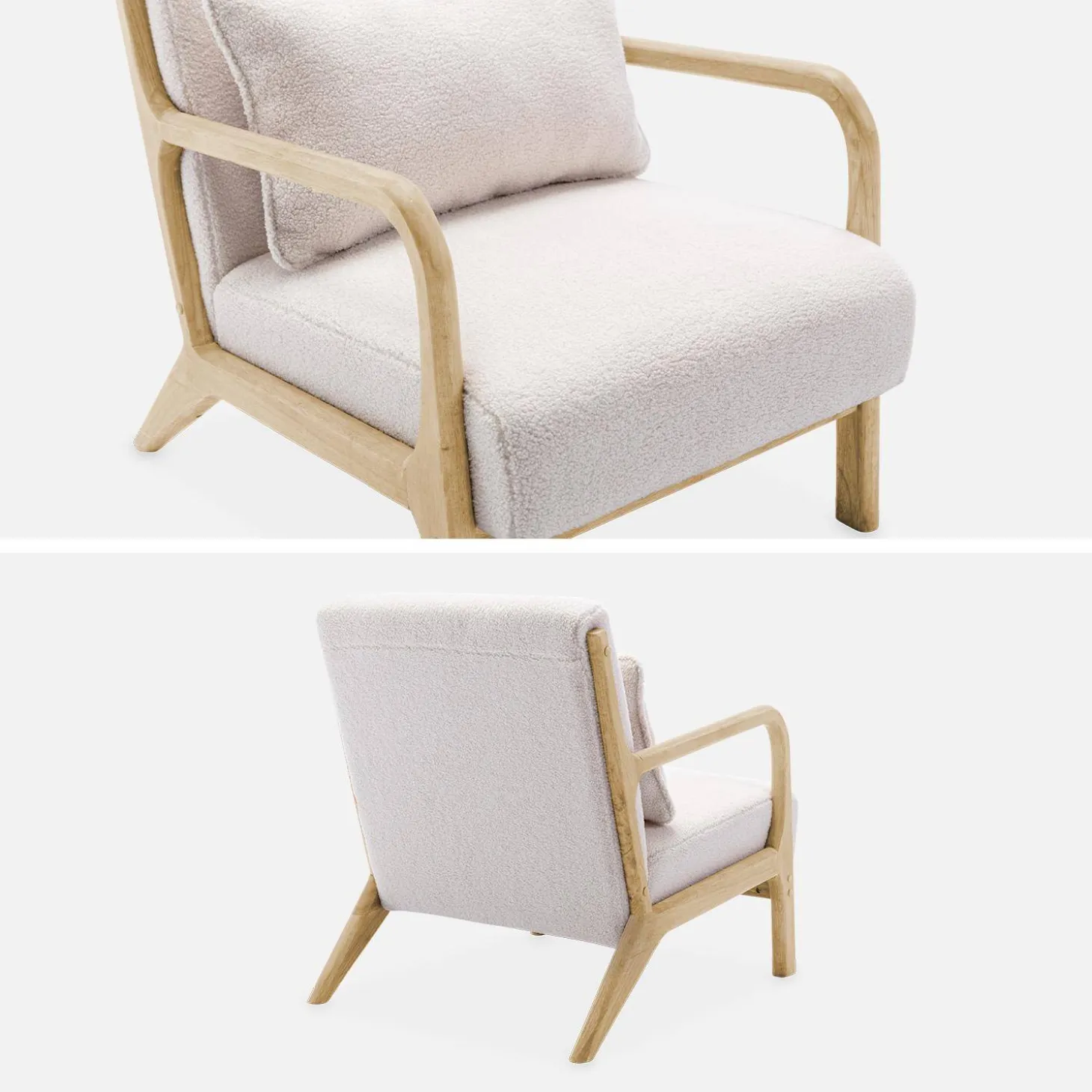 Scadinavische fauteuil van naturelkleurig hout en bouclé