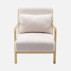 Scadinavische fauteuil van naturelkleurig hout en bouclé