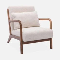 Scadinavische fauteuil van walnootkleurig hout en bouclé