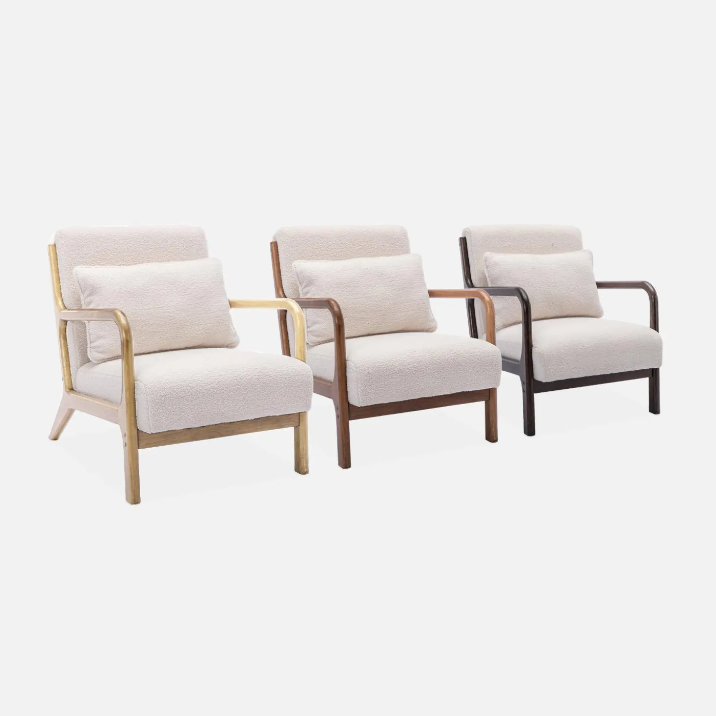 Scadinavische fauteuil van walnootkleurig hout en bouclé