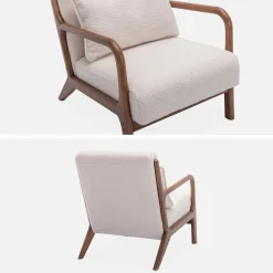 Scadinavische fauteuil van walnootkleurig hout en bouclé