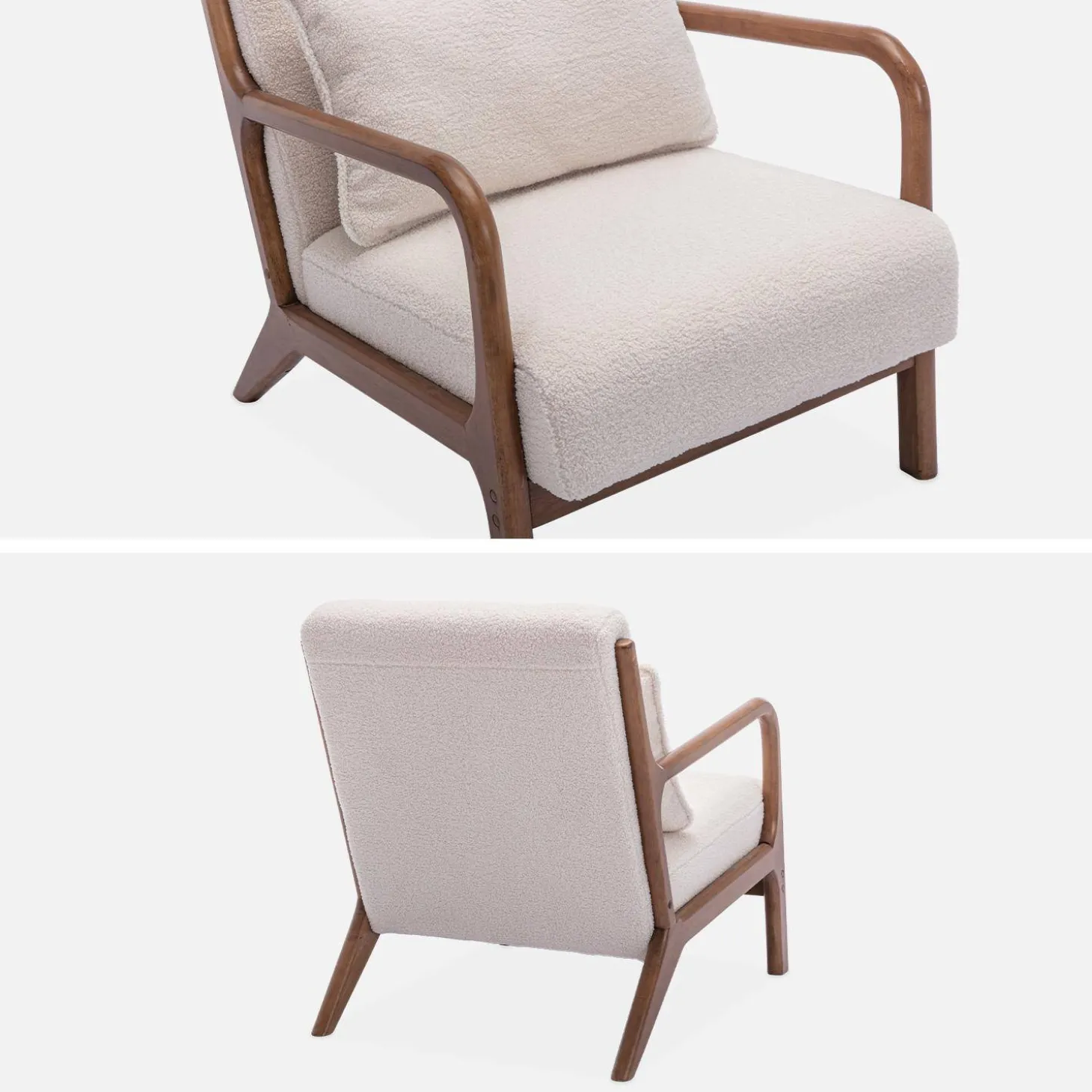 Scadinavische fauteuil van walnootkleurig hout en bouclé