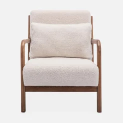 Scadinavische fauteuil van walnootkleurig hout en bouclé