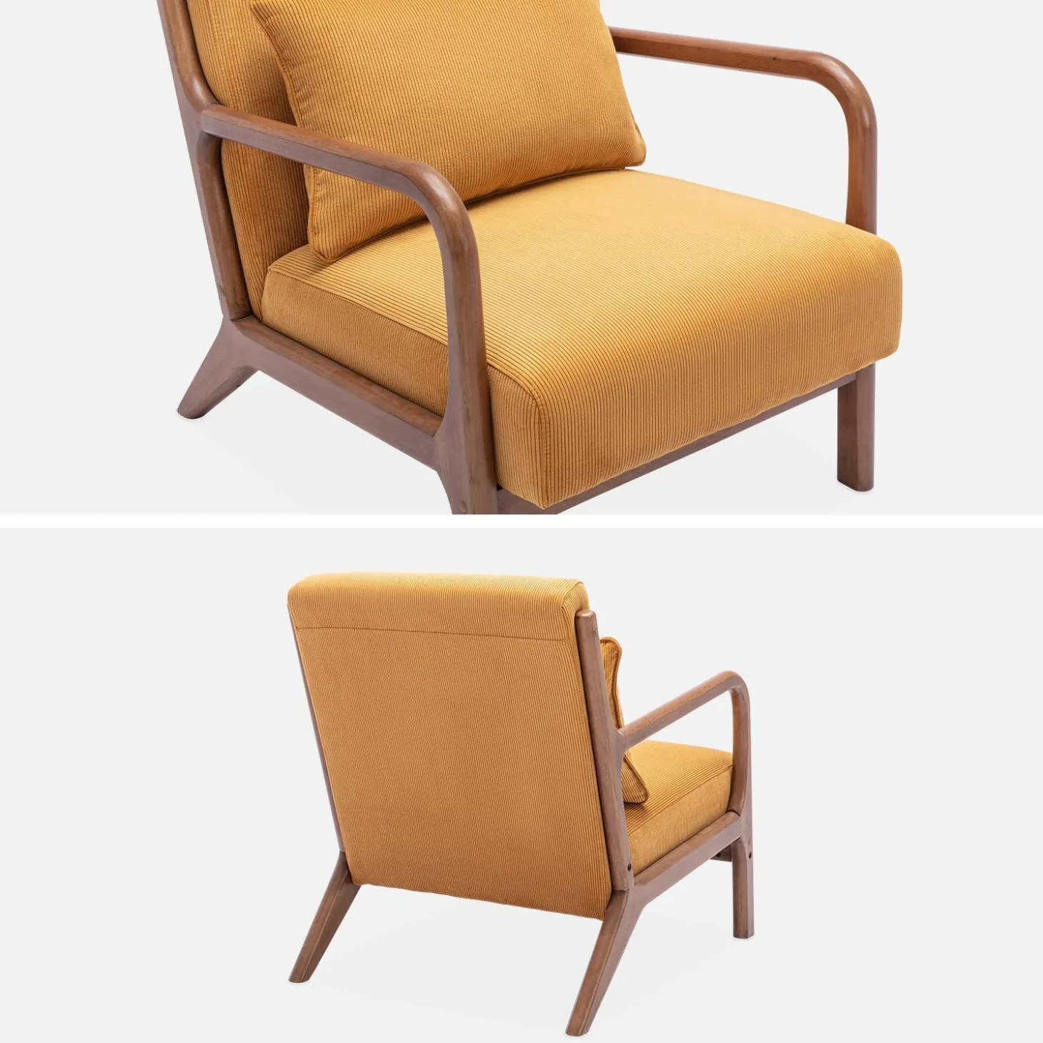 Scadinavische fauteuil van walnootkleurig hout en corduroy