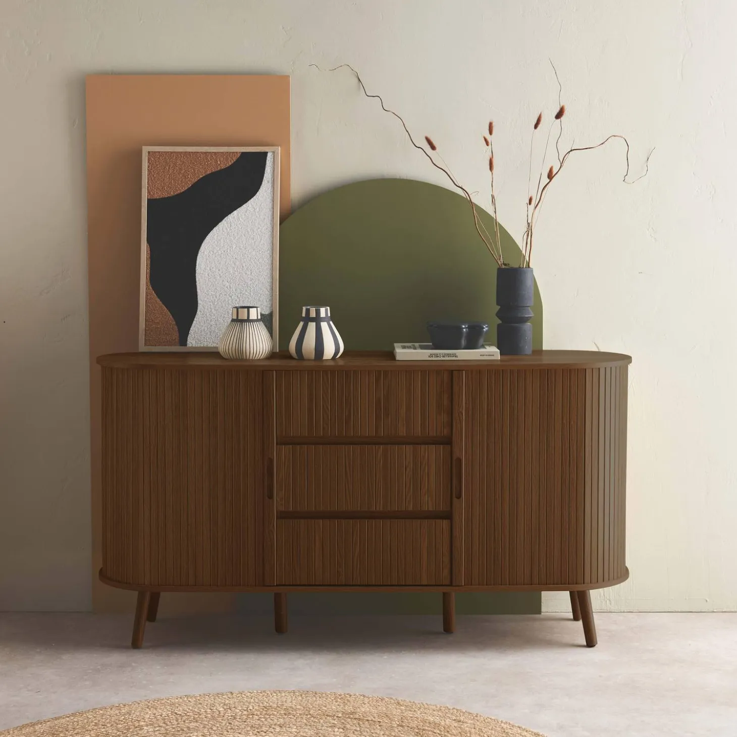 Scandinavisch dressoir met 2 schuifdeuren en 3 lades 150cm