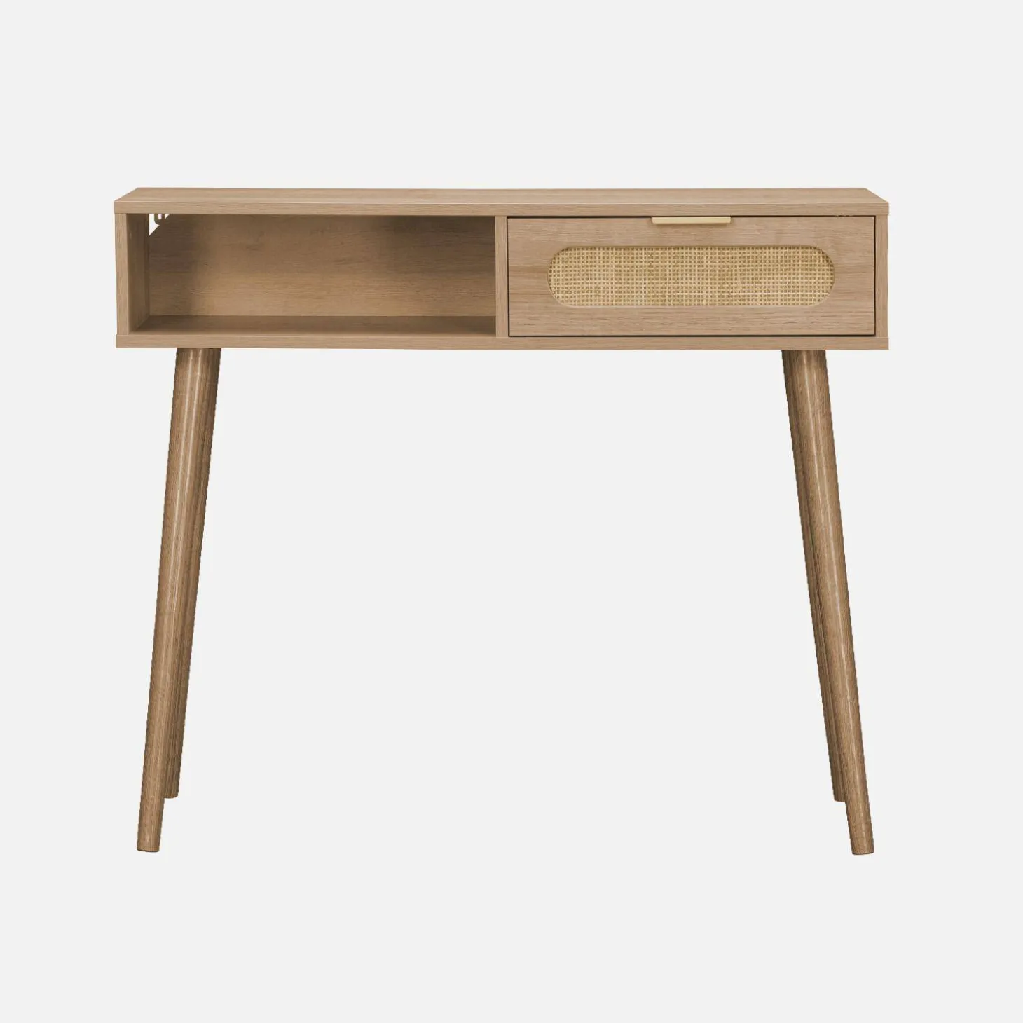 Scandinavische console met houtdecor en afgerond riet