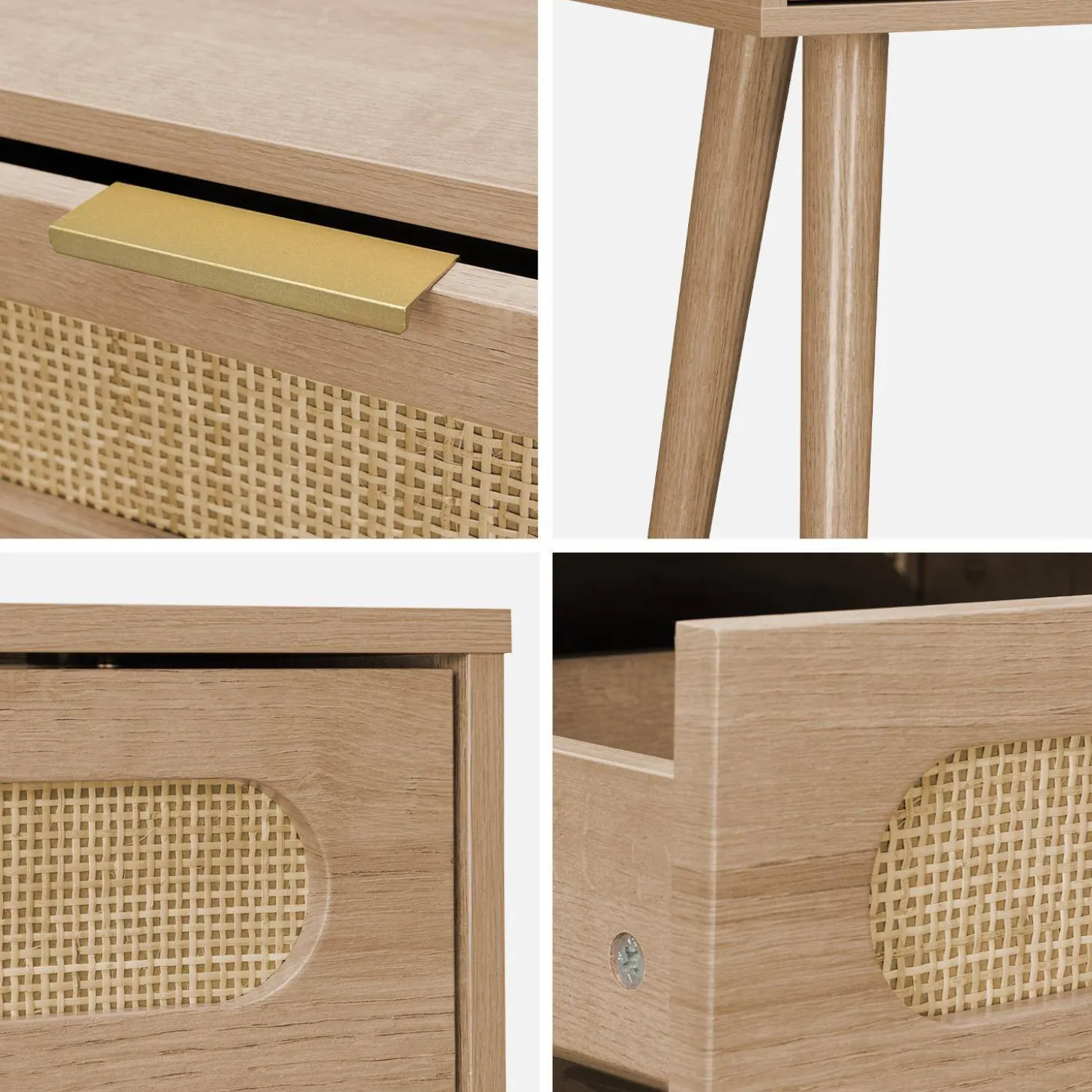 Scandinavische console met houtdecor en afgerond riet