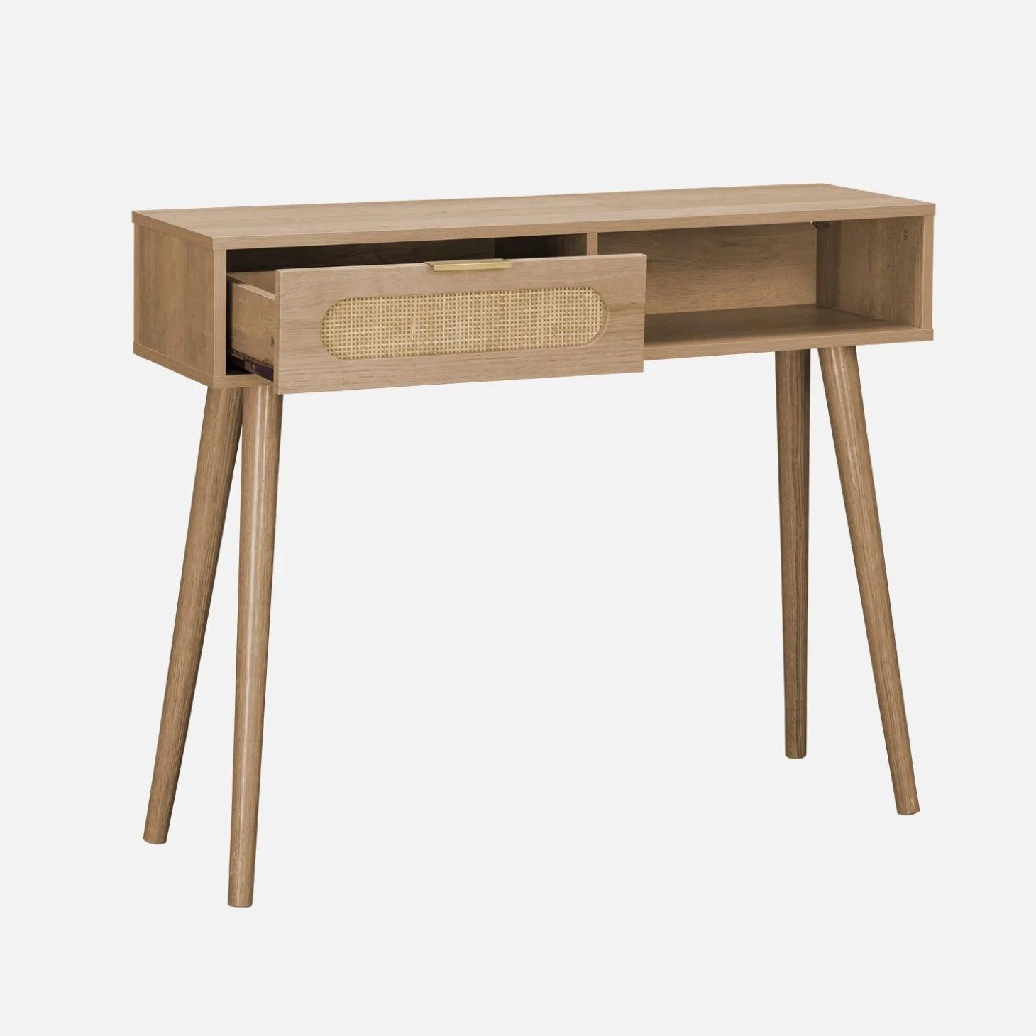 Scandinavische console met houtdecor en afgerond riet