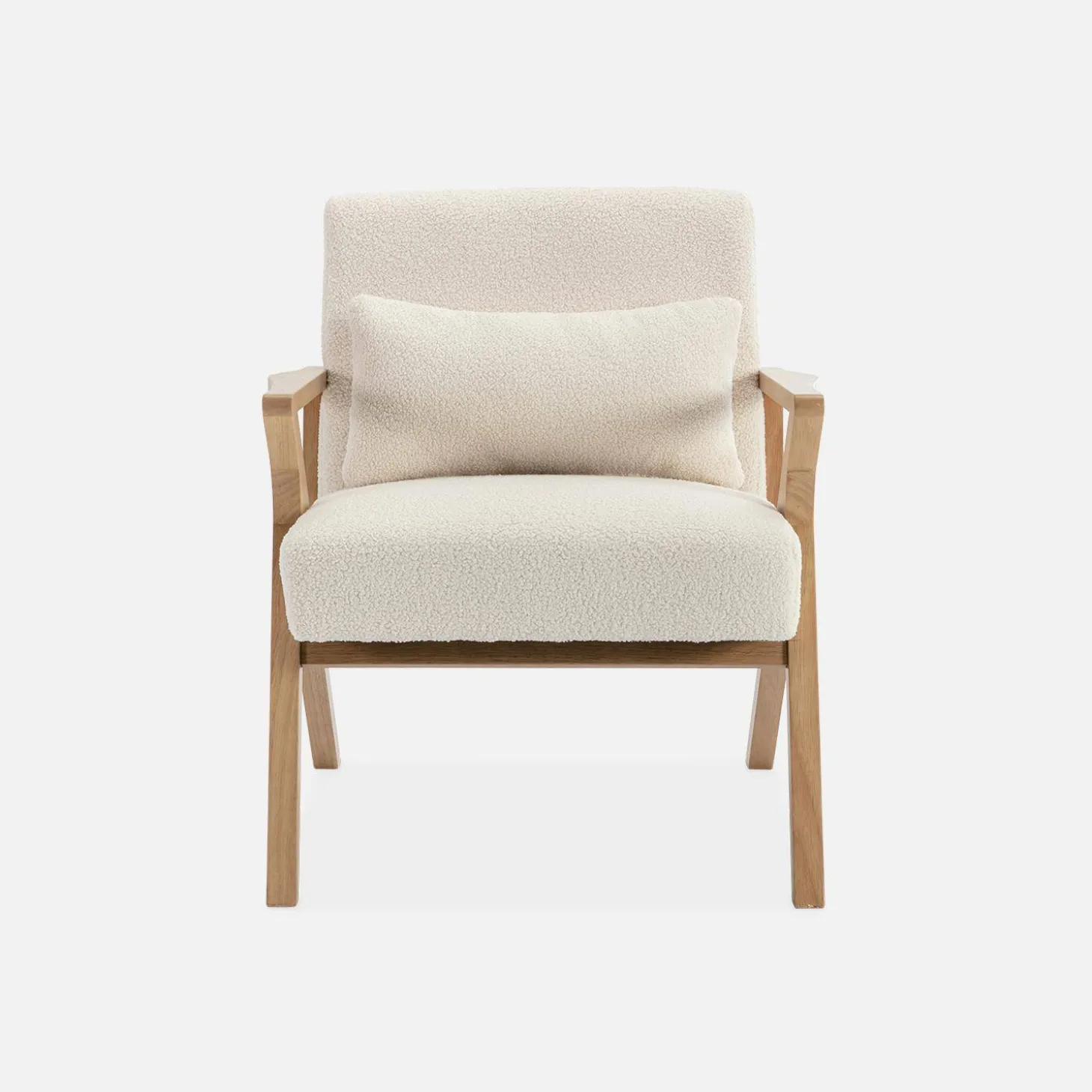 Scandinavische fauteuil van naturelkleurig hout en bouclé