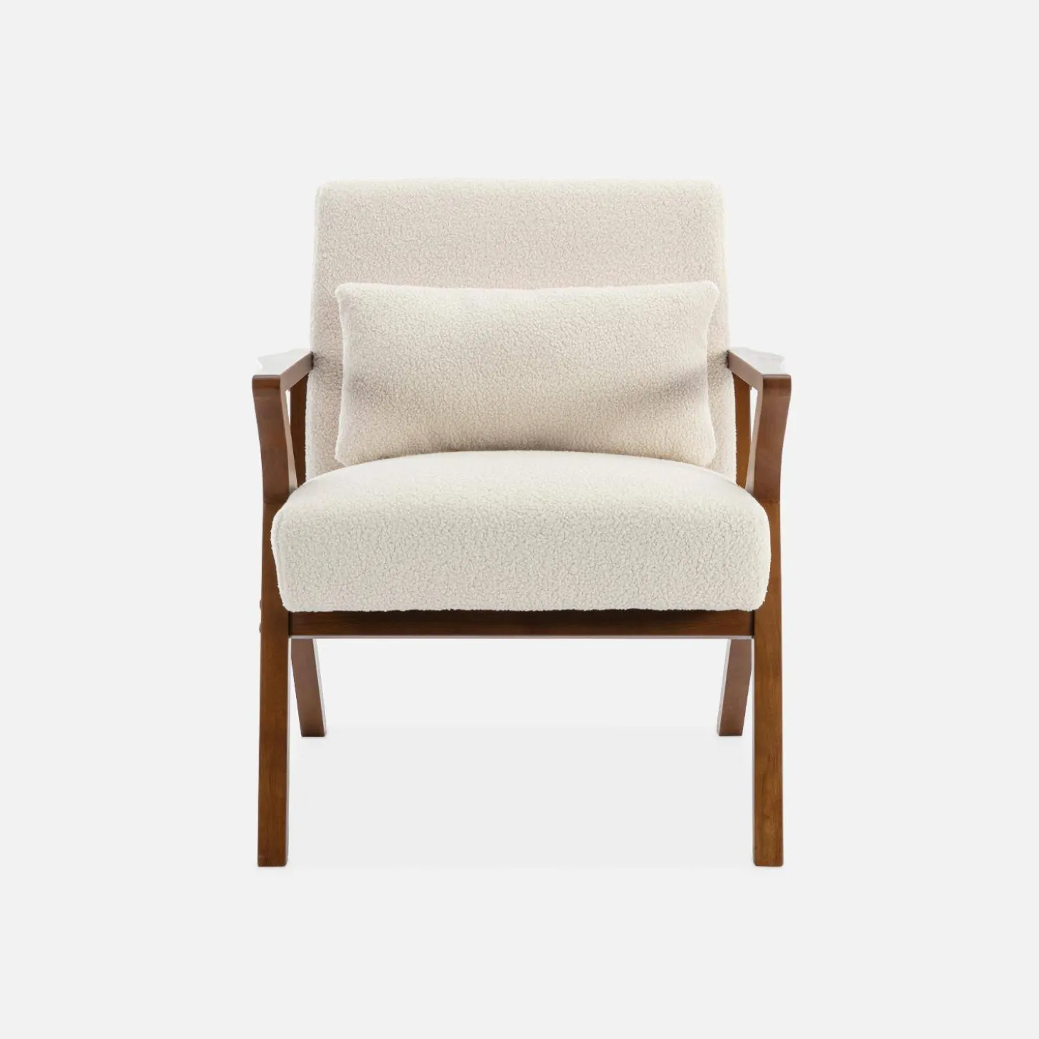 Scandinavische fauteuil van walnootkleurig hout en bouclé