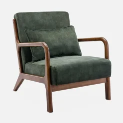 Scandinavische fauteuil walnootkleurig hout en fluweel