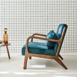 Scandinavische fauteuil walnootkleurig hout en fluweel