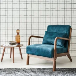 Scandinavische fauteuil walnootkleurig hout en fluweel