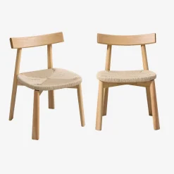 Scandinavische stoelen van rubberhout met zitting van touw (set van 2)