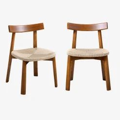 Scandinavische stoelen van rubberhout met zitting van touw (set van 2)