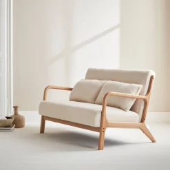Scandinavische 2-zitsbank naturelkleurig hout en bouclé