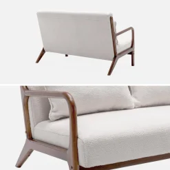 Scandinavische 2-zitsbank walnootkleurig hout en bouclé