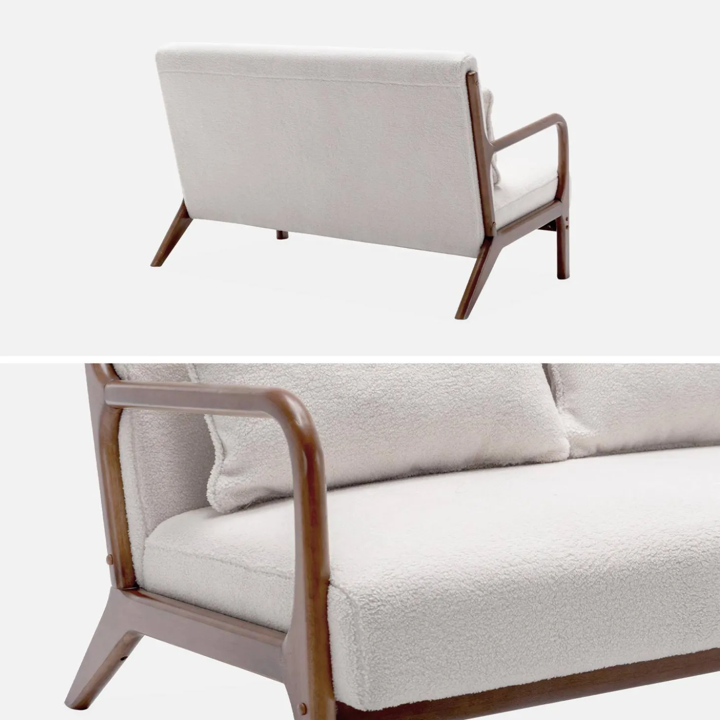 Scandinavische 2-zitsbank walnootkleurig hout en bouclé