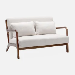 Scandinavische 2-zitsbank walnootkleurig hout en bouclé