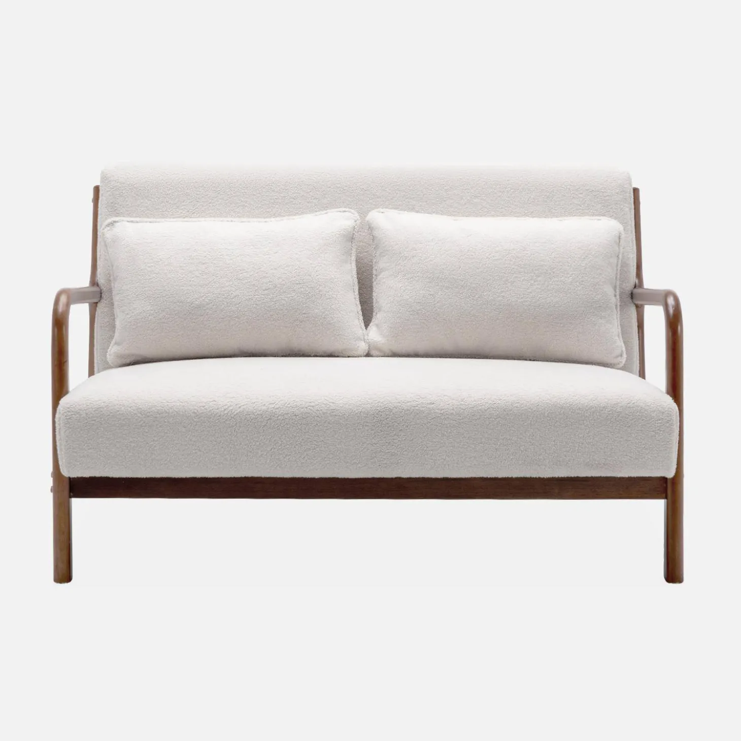 Scandinavische 2-zitsbank walnootkleurig hout en bouclé