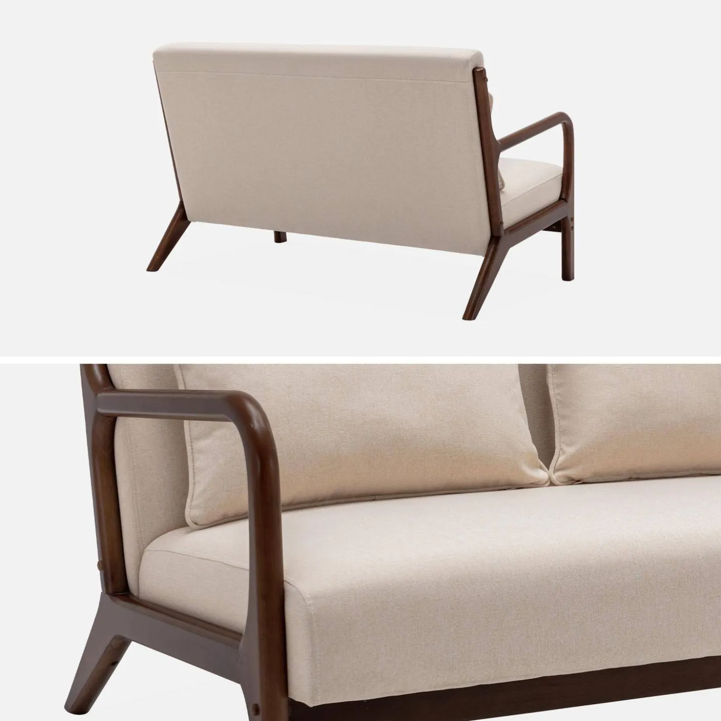 Scandinavische 2-zitsbank walnootkleurig hout en stof