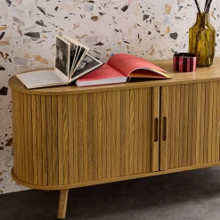 Scandinavisch TV-meubel met 2 gegroefde schuifdeuren met houteffect, 120cm