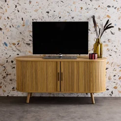 Scandinavisch TV-meubel met 2 gegroefde schuifdeuren met houteffect, 120cm