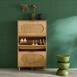 Schoenenkast 3 kleplades houtlook en rotan 75cm