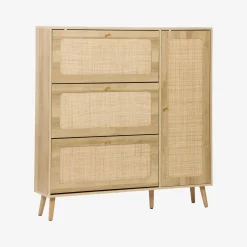 Schoenenkast met 3 kleplades en 1 deur houtdecor en rotan 120cm